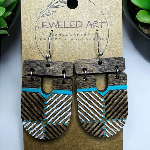JEWELED ART Abstract Upside Down Arch Hand-Painted Wood Earrings Color block - Picture 3 of 3